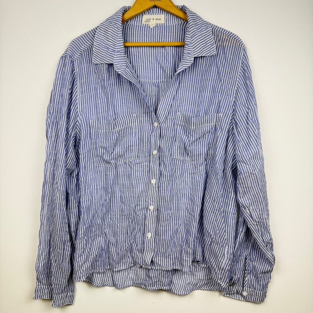 Cloth & Stone Blue White Striped Button Down Shirt Long Sleeve Pockets Large